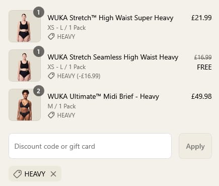 Screenshot of the Wuka discount code working