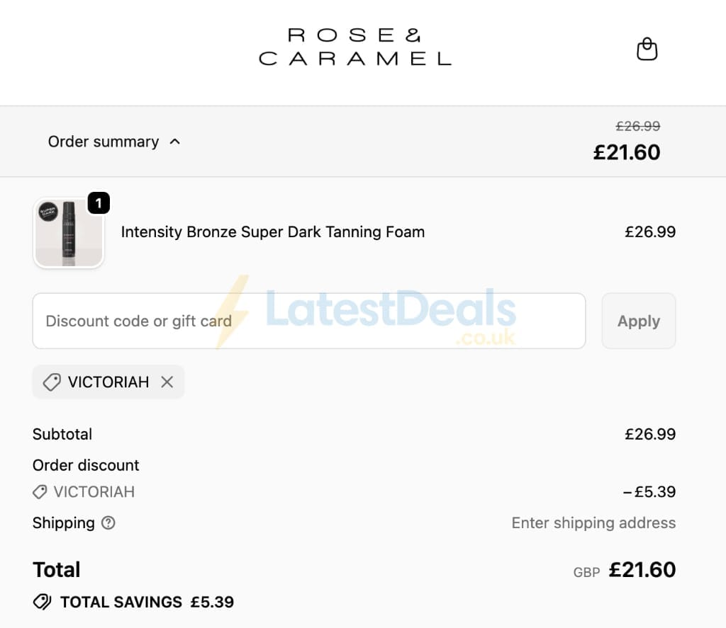Screenshot of the Rose and Caramel discount code working
