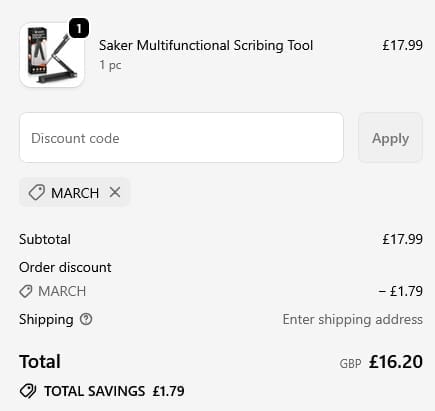Screenshot of the SAKER discount code working
