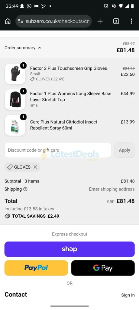 Screenshot of the Subzero discount code working