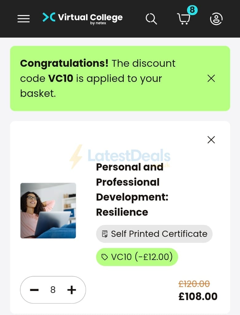 Screenshot of the Virtual College discount code working