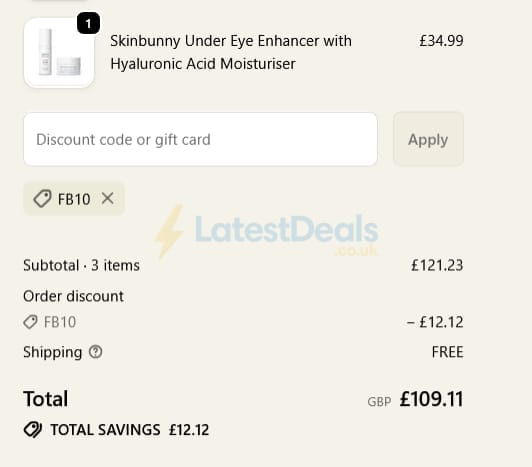 Screenshot of the Skinbunny discount code working