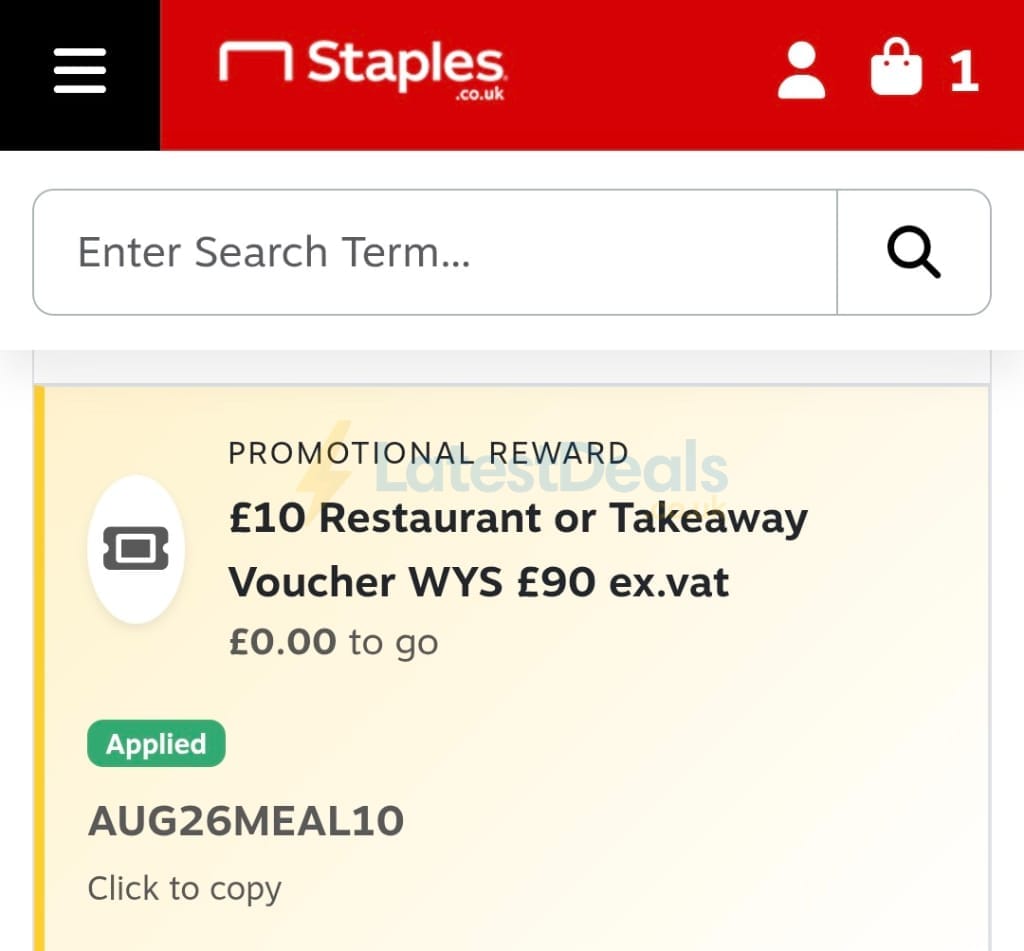 Screenshot of the Staples discount code working