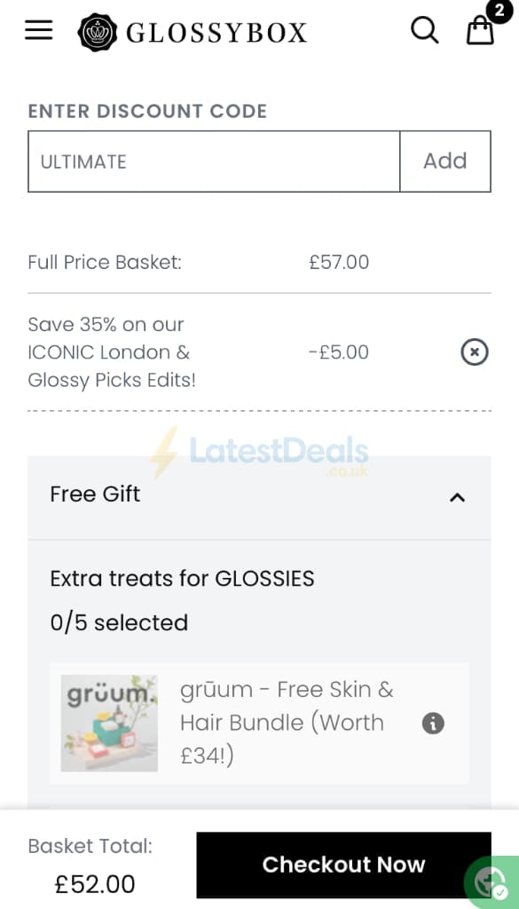 Screenshot of the Glossybox discount code working