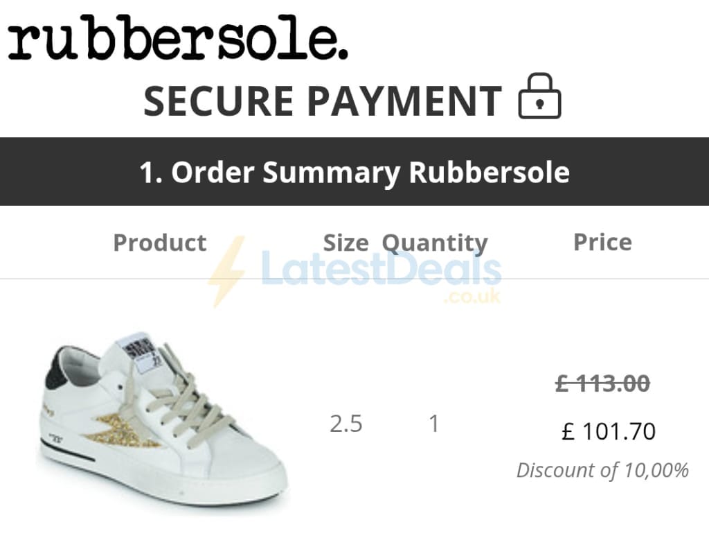 Screenshot of the Rubber Sole discount code working