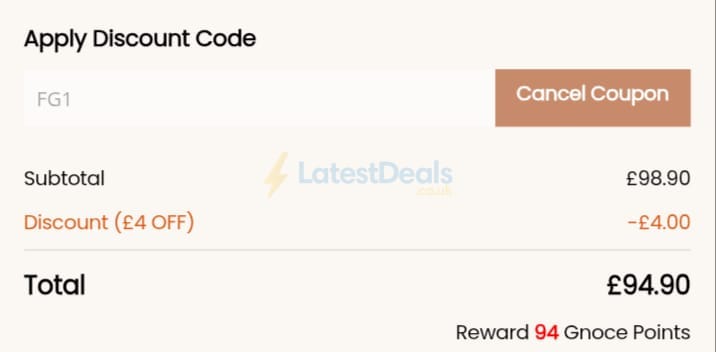 Screenshot of the Gnoce discount code working