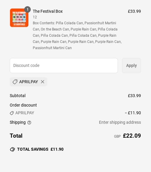Screenshot of the Tapp D Cocktails discount code working