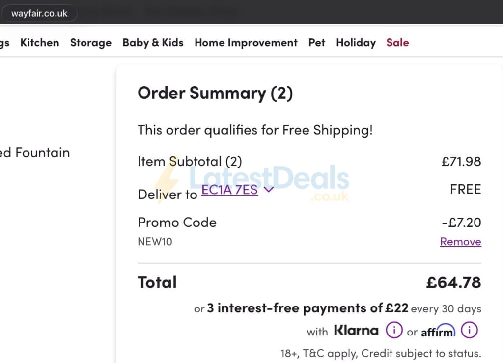 Screenshot of the Wayfair discount code working