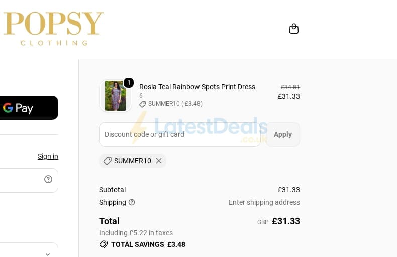 Screenshot of the Popsy Clothing discount code working