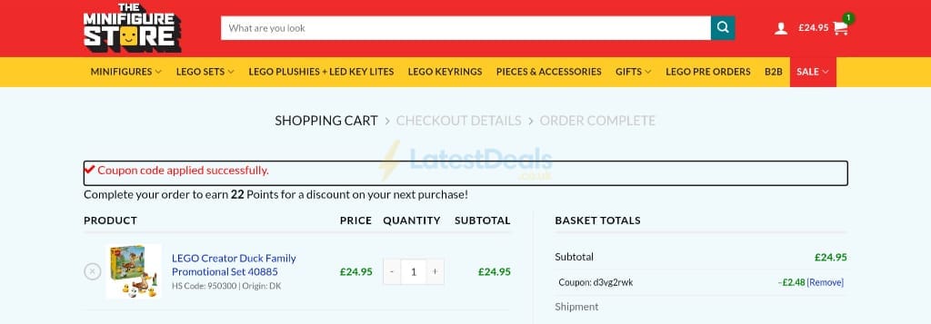 Screenshot of the The Minifigure Store discount code working