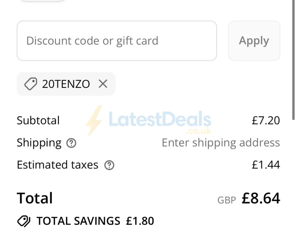 Screenshot of the Tenzo Tea discount code working