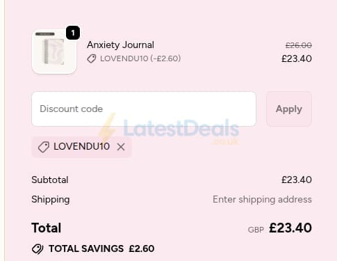 Screenshot of the Lovendu discount code working