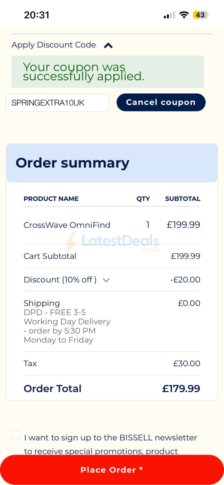 Screenshot of the Bissell discount code working