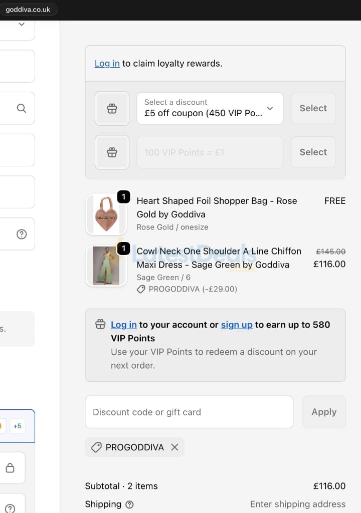 Screenshot of the Goddiva discount code working