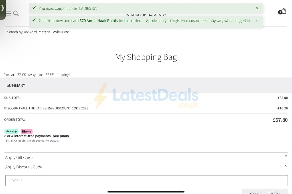 Screenshot of the Annie Haak Designs discount code working