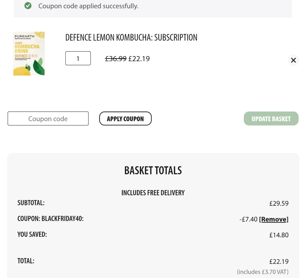 Screenshot of the Purearth discount code working
