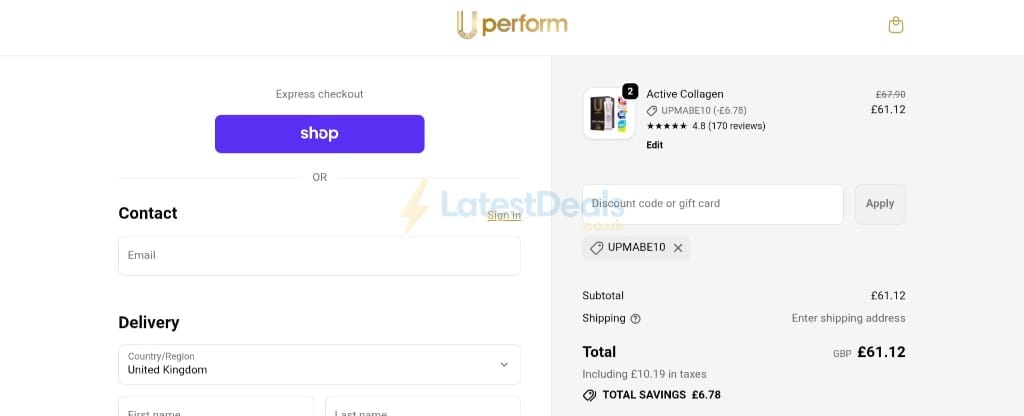 Screenshot of the U Perform discount code working