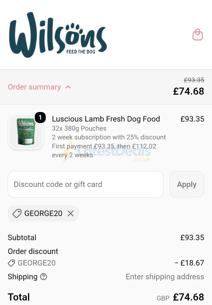 Screenshot of the Wilsons Pet Food discount code working