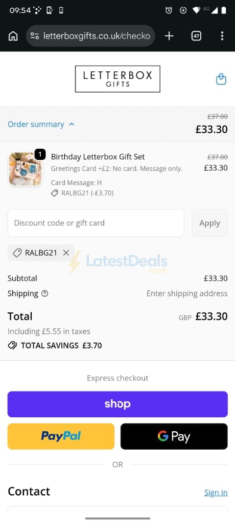 Screenshot of the Letterbox Gifts discount code working