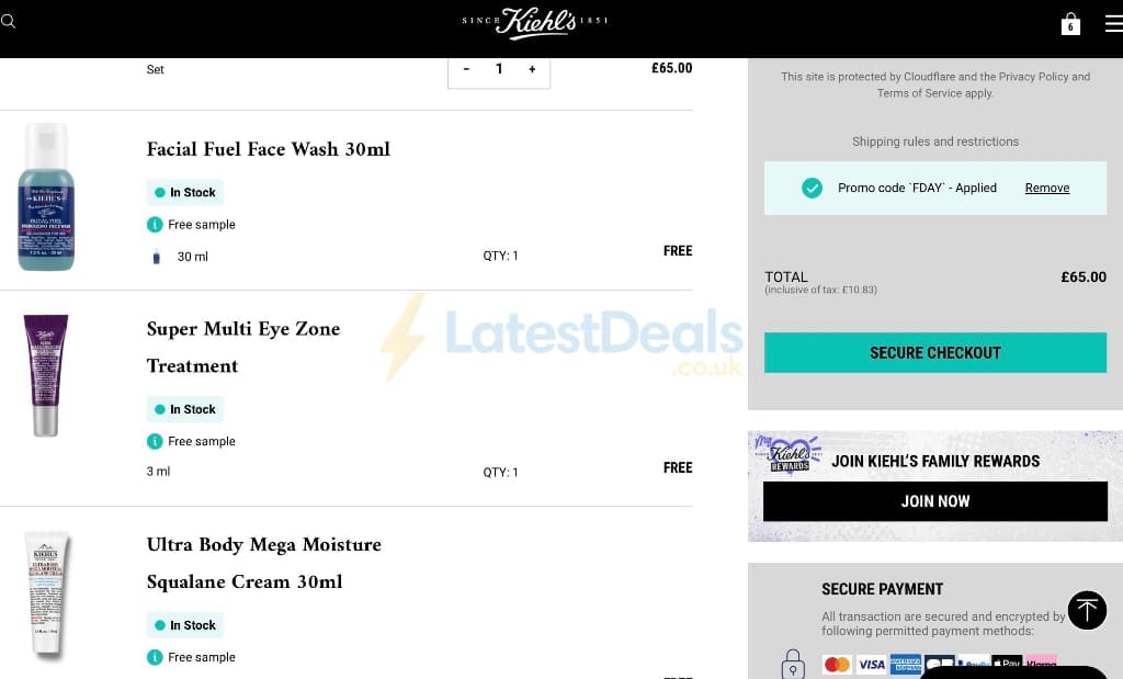 Screenshot of the Kiehl's discount code working