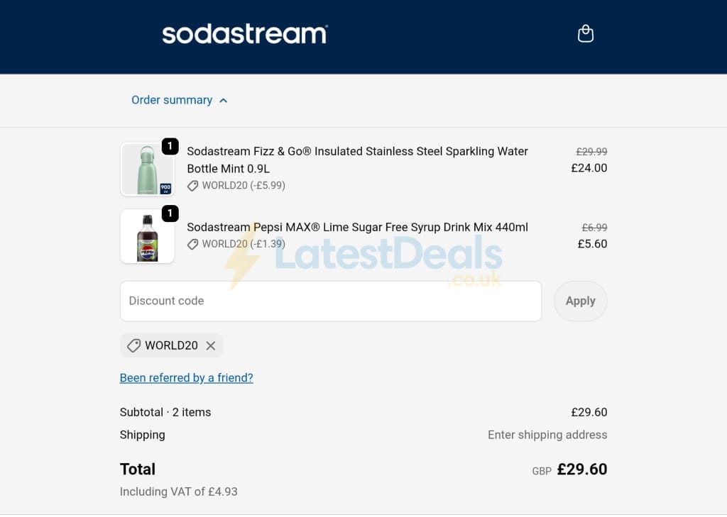 Screenshot of the SodaStream discount code working
