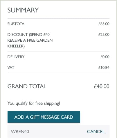 Screenshot of the Wrendale Designs discount code working