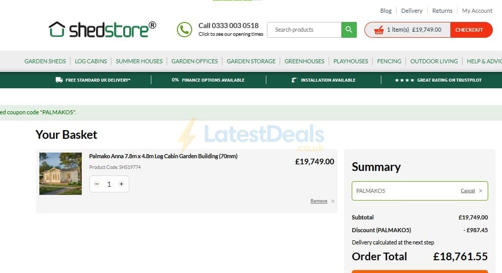 Screenshot of the Shedstore discount code working