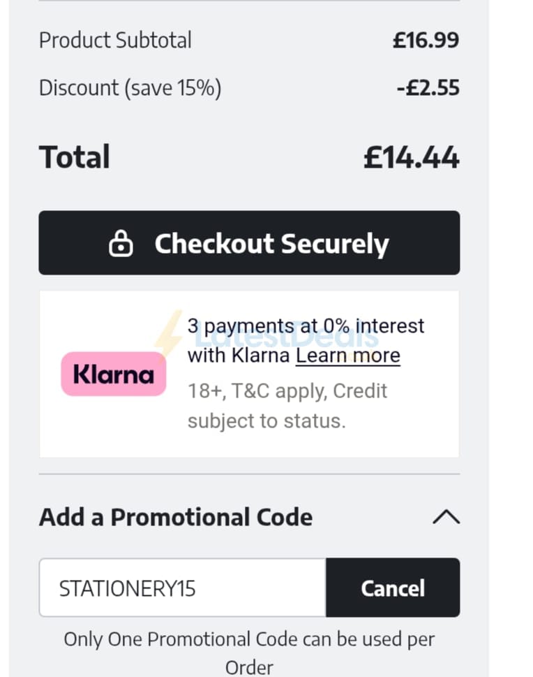 Screenshot of the Ryman discount code working