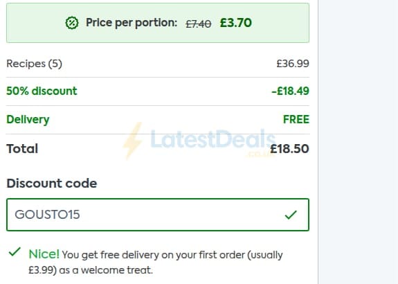 Screenshot of the Gousto discount code working