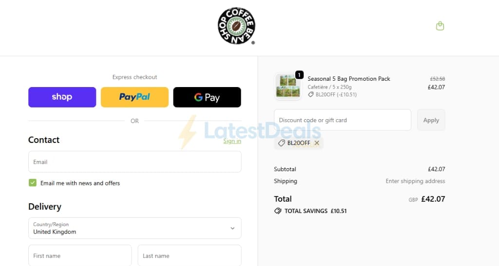 Screenshot of the Coffee Bean Shop discount code working
