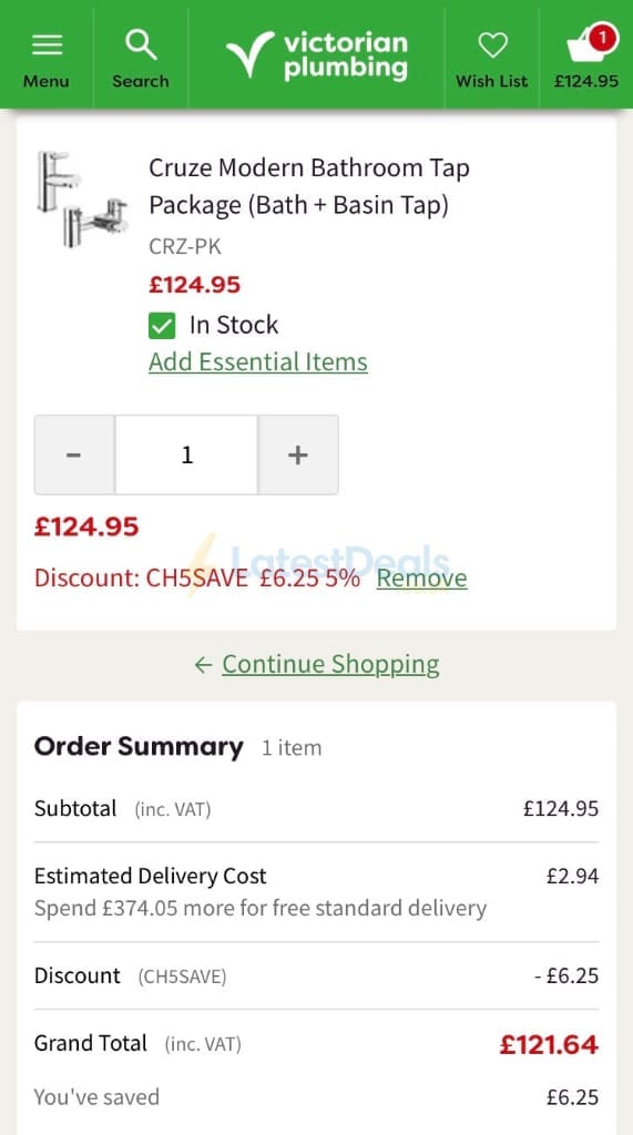 Screenshot of the Victorian Plumbing discount code working