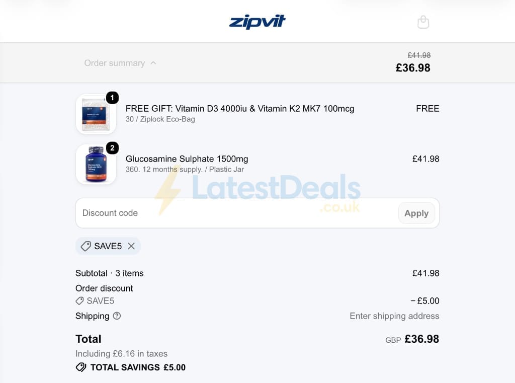 Screenshot of the ZipVit discount code working