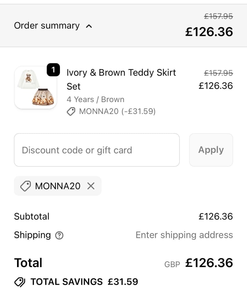 Screenshot of the Village Kids discount code working
