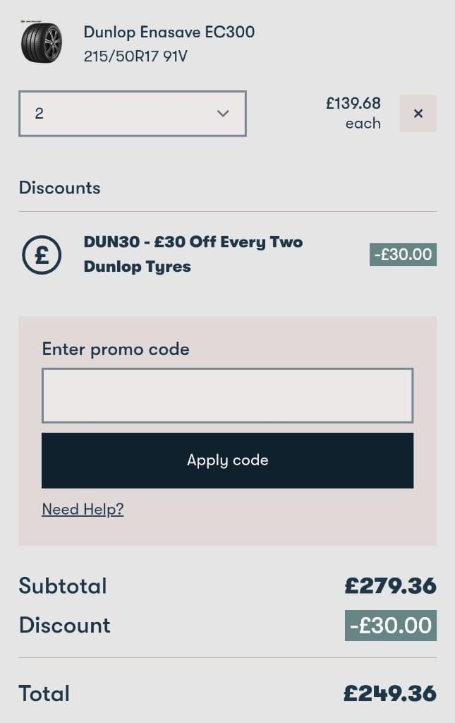 Screenshot of the Protyre discount code working