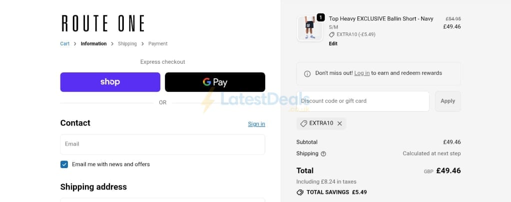 Screenshot of the Route One discount code working