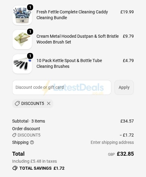 Screenshot of the The Dustpan and Brush Store discount code working