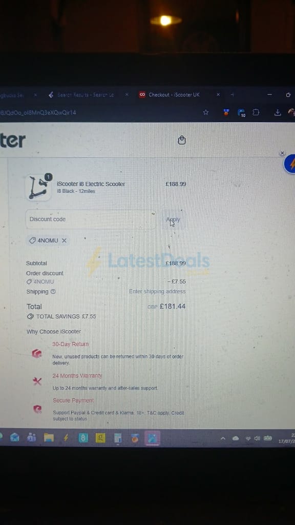 Screenshot of the iScooter discount code working