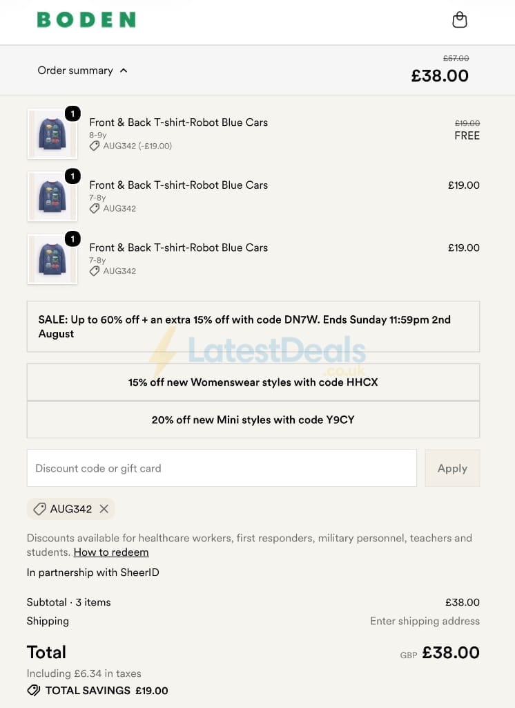 Screenshot of the BODEN discount code working