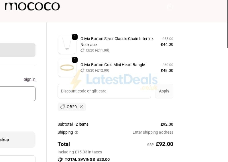 Screenshot of the Mococo discount code working