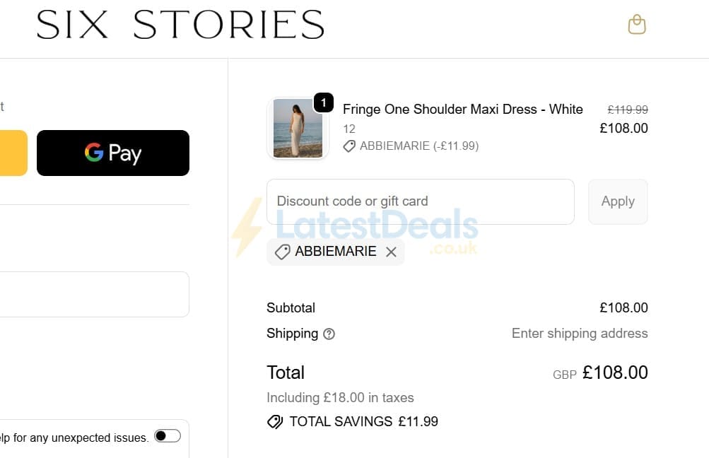 Screenshot of the Six Stories discount code working