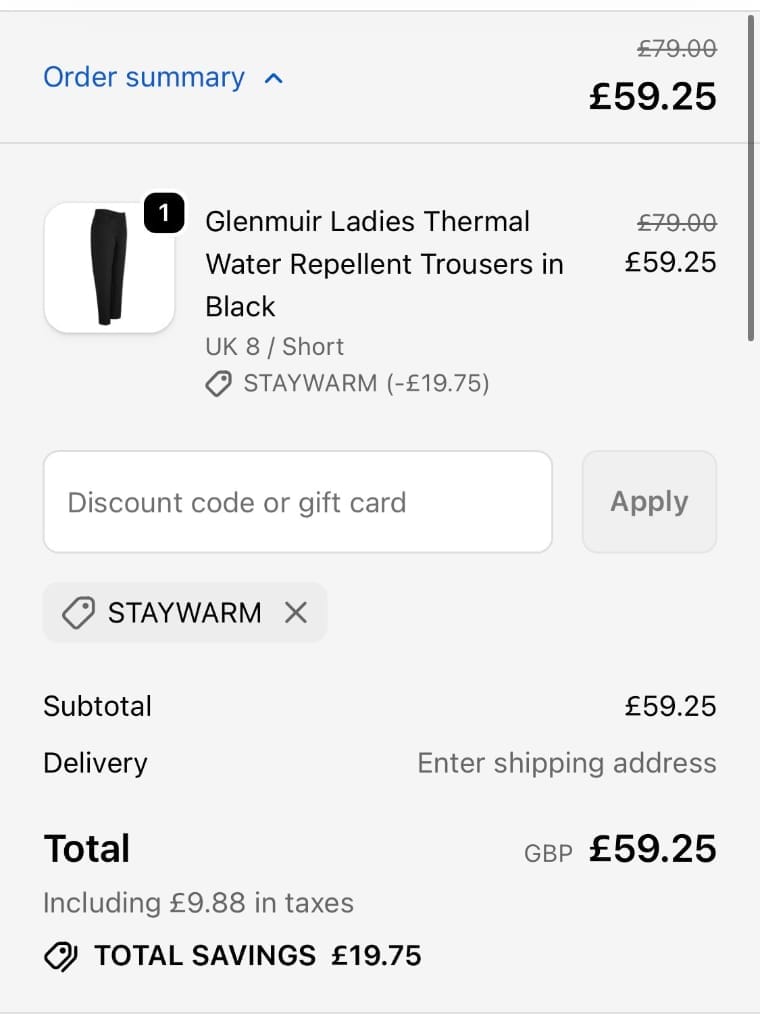 Screenshot of the Golf Garb discount code working