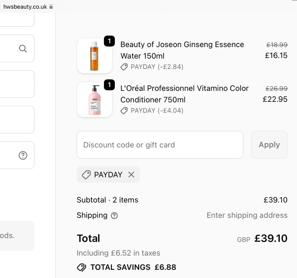 Screenshot of the HWS Beauty discount code working