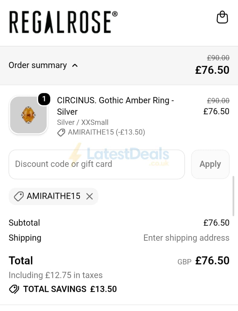 Screenshot of the REGALROSE discount code working