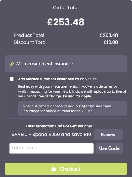 Screenshot of the Order Blinds discount code working