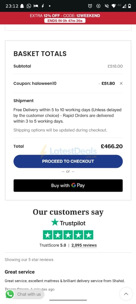 Screenshot of the PSCL Beds discount code working