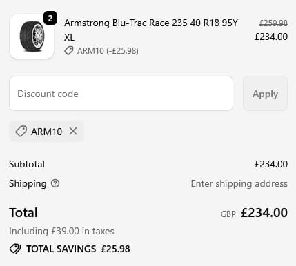 Screenshot of the Tire Streets discount code working