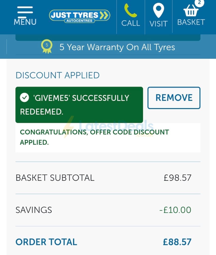 Screenshot of the Just Tyres discount code working