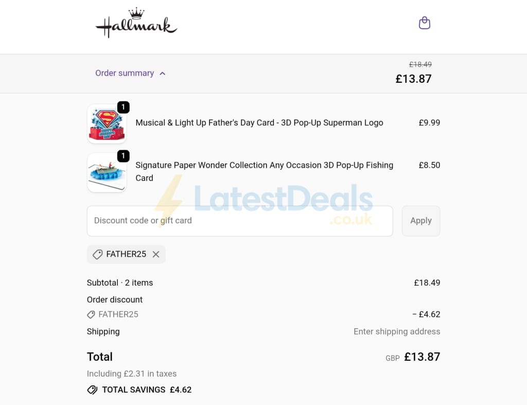 Screenshot of the Hallmark discount code working