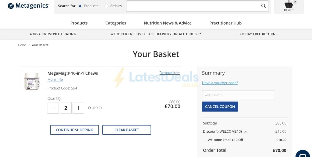 Screenshot of the Metagenics UK discount code working