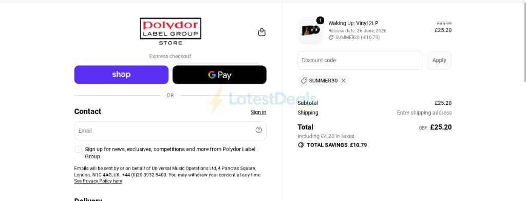 Screenshot of the Polydor Store UK discount code working